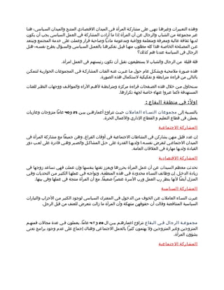 ‫وهذه التعمبيرات وغيرهما تنهمي على مشاركمة المرأة فمي الميدان القتصمادي المنتمج والميدان السمياسي: هنما‬
‫عبر مجموعة من الشباب والرجال عن أن المرأة إذا ما أرادت المشاركة في العمل السياسي يجب أن يكون‬
‫لديها ثقافة عالية ومعرفة ومتعلمة وواعية ومدعومة ماديا وصاحبة قرار وعملت على خدمة المجتمع وتبتعد‬
‫عمن المصملحة الخاصمة هذا كله مطلوب منهما قبمل تفكيرهما بالعممل السمياسي والسمؤال يطرح نفسمه: همل‬
                                                                   ‫الرجال في السياسة عندنا هم كذلك؟‬

                     ‫قلة قليلة من الرجال والشباب ل يستطيعون تقبل أن تكون رئيستهم في العمل امرأة.‬

‫هذه صمورة ملمحيمة وبشكمل عام حول مما عمبرت عنمه الفئات المشاركمة فمي المجموعات الحواريمة لنتمكمن‬
                                          ‫بالتالي من قراءة مترابطة و تفكيكية لستكمال هذه الصورة.‬

‫سمنحاول ممن خلل هذه الصمفحات قراءة مركزة ومترابطمة لهمم الراء والمواقمف ووجهات النظمر للفئات‬
                                                    ‫المستهدفة )كما عبروا عنها( خاصة لجهة تكرارها.‬

                                                                       ‫او ل ً : في منطقة البقاع :‬
‫بالنس مبة إلى مجموعات النسماء العاملت حي مث تتراوح أعماره من بي من 52 و 04 عاما متزوجات وعازبات‬
                              ‫م‬     ‫م‬                ‫م‬                                     ‫م‬
                                            ‫يعملن في قطاع التعليم و القطاع الداري والعمال الحرة.‬

                                                                              ‫المشاركة الجتماعية‬

‫إن عدد قليل منهن يشاركن في النشاطات الجتماعية في أوقات الفراغ. وهن جميعا مع مشاركة المرأة في‬
‫الميدان الجتماعمي لتفرض نفسمه،ا ولديهما القدرة على حمل المشاكمل والصمبر وهمي قادرة على لعمب دور‬
                                                           ‫القيادة ولديها مهارة في العلقات العامة.‬

                                                                              ‫المشاركة القتصادية‬

‫تحدثت معظم السيدات عن أن عمل المرأة يحررها ويعزز ثقتها بنفسها وإن عملت فهي تساعد زوجها في‬
‫زيادة الدخمل. إن وظائف النسماء محدودة فمي هذه المنطقمة. وتواجمه فمي عملهما الكثيمر ممن التحديات وفمي‬
    ‫المنزل أيضا لنها بنظر رب العمل ورب السرة عنصرا ضعيفا. مع أن المرأة منتجة في عملها وفي بيتها.‬

                                                                                ‫المشاركة السياسية‬

‫عمبرت النسماء العاملت عمن الخوف ممن الدخول فمي المعترك السمياسي لوجود الكثيمر ممن الحزاب والتيارات‬
          ‫السياسية المتناقضة وقالت أن حقوقهن منتهكة وأن المرأة ما زالت تتعرض للعنف من قبل الرجل.‬



‫مجموعمة الرجال فمي البقاع تتراوح اعمارهمم بيمن ال 82 و ٢ 4 عاما. يعملون فمي عدة مجالت فمنهمم‬
‫المتزوجين وغير المتزوجين ول يهتمون كثيرا بالعمل الجتماعي وهناك إجماع على عدم وجود برامج تعنى‬
                                                                                 ‫بشؤون المرأة.‬

                                                                              ‫المشاركة الجتماعية‬
 