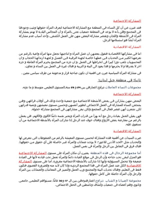 ‫المشاركة الجتماعية‬

‫فقمد عمبرن عمن أن كمل النسماء فمي المنطقمة ممع المشاركمة الجتماعيمة لتعرف المرأة حقوقهما وتثبمت وجودهما‬
‫في المجتمع وقلن بأنه ل يوجد في المنطقة جمعيات تعنى بالمرأة و أن المجالس البلدية ل تهتم بمشاركة‬
‫المرأة في النشطة واللجان وتقتصر مشاركة البعض منهن على العمل الكشفي. وأحد أسباب عدم مشاركة‬
                                                                      ‫المرأة أيضا هو استسلمها للرجل.‬

                                                                                      ‫المشاركة القتصادية‬

‫اما فمي مشاركتهما القتصمادية فتقول بعضهن ان عممل المرأة و انتاجيتهما تجعمل منها امرأة واعيمة بالرغمم من‬
‫تعرضه ما لكثي مر م من التحديات ف مي عمله ما خاص مة لجه مة الترقي مة ف مي العم مل و لجه مة ارتدائه ما الحجاب و ان‬
              ‫م‬         ‫م‬        ‫م‬       ‫م م‬            ‫م‬      ‫م‬      ‫م‬       ‫م‬             ‫م م‬          ‫م‬
‫المحسوبيات تلعب دورا كبيرا في انخراطها في العمل .و ان جزء من المجتمع يحترم المرأة العاملة و جزء‬
     ‫اخر ل يقدرها و ل يحترمها و هذا يعود الى البيئة و التربية و هناك غيرة في العمل بين النساء و تعاون.‬

  ‫في مشاركة المرأة السياسية عبرن عن اهمية ان تكون صاحبة قرار و مدعومة من طرف سياسي معين .‬

                                                                        ‫ثانيا : في منطقة جبل لبنا ن :‬
   ‫مجموعات النساء العاملت تتراوح اعمارهن بين 42 و 92 سنة,المستوى التعليمي متوسط و ما دونه.‬

                                                                                      ‫المشاركة الجتماعية‬

‫البعمض منهمن يشاركمن فمي بعمض النشطمة الجتماعيمة ممع جمعيمة واحدة وذلك فمي أوقات فراغهمن وهمن‬
‫يشجعن النساء للمشاركة في العمل الجتماعي لتطوير أنفسهن وتحسين مستوى معيشتهن وتنمية قدراتهن‬
          ‫لكي تشعرن أنهن عنصر فعال في المجتمع ولكن تبقى مشاركتهن في المجتمع مشاركة خجولة.‬

‫فهن يقبلن العمل بقيادة رجل مع أنه يهزأ من قدرات المرأة ويعتبر نفسه دائما القوى والفهم. هن يعملن‬
‫بالرغم من معارضة بعض الزواج وهناك خوف عند الرجل إذا شاركت المرأة بالنشطة الجتماعية من أن‬
                                                                                  ‫تستقوي عليه.‬

                                                                                      ‫المشاركة القتصادية‬

‫عبرت السيدات عن أهمية هذه المشاركة لتحسين مستوى المعيشة بالرغم من الضغوطات التي تتعرض لها‬
‫والتحديات مثمل "الحمد الدنمى للجور". ل يوجمد ضمانات والمرأة غيمر حاصملة على أي حقوق ممن حقوقهما.‬
                                         ‫هناك فرق في التعامل بين الرجل والمرأة في نفس العمل.‬

‫أما مجموعة الرجال في هذه المنطقة يعتبرن أن مكان المرأة على مستوى المشاركة الجتماعية‬
‫هو المنزل لتبقى تحت جناحه وأن الرجل في موقع القيادة دائما والمرأة تعمل تحت قيادته لنها في القيادة‬
‫ضعيفمة ول تتحممل المسمؤولية وأنهما إذا شاركمت بالنشطمة الجتماعيمة مغرورة. أمما على مسمتوى المشار كة‬
‫القت صادية الكمل ضمد عممل المرأة فمي هذا المجتممع الرديمء وإذا كان لبمد منمه وللضرورة القصموى فتكون‬
‫فقط في التعليم. وهناك تحديات البيئة والمجتمع ورب العمل والتمييز في المعاشات والضمانات بين المرأة‬
                                                          ‫والرجل وأن المرأة حاصلة على كامل حقوقها.‬

‫مجموعمة الصمبايا و الشباب تتراوح اعمارهمم/همن بيمن ال 71 و 03 عاما. مسمتواهم التعليممي جامعمي‬
                             ‫وثانوي وهم أعضاء في جمعيات وكشاف وناشطين في الحقل الجتماعي.‬
 