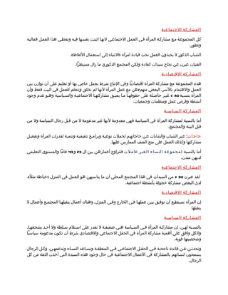 ‫المشاركة الجتماعية‬

‫كمل المجموعمة ممع مشاركمة المرأة فمي العممل الجتماعمي لنهما اثبتمت نفسمها فيمه وتعطمي هذا العممل فعاليمة‬
                                                                                                 ‫وتطور.‬

                         ‫الشباب الذكور ل يحبذون العمل تحت قيادة امرأة )النتباه إلى استعمال اللفاظ(.‬

                            ‫الفتيات عبرن عن نجاح سيدات كقادة ولكن المجتمع الذكوري ما زال مسيطرا.‬

                                                                                ‫المشاركة القتصادية‬

‫هذه المجموعة مع مشاركة المرأة اقتصاديا وفي النتاج شرط بعمل خاص بها أو تعليم على أن توازن بين‬
‫العمل والهتمام بالسر. البعض منهم/هن مع عمل المرأة لنها لم تخلق وتتعلم للعمل في البيت فقط وأن‬
‫المرأة بنسمبة 08 % غيمر حاصملة على حقوقهما مما يعيمق مشاركتهما الجتماعيمة والسمياسية وهمو عدم وجود‬
                                                            ‫أنشطة وفرص عمل ومنظمات وجمعيات.‬

                                                                                 ‫المشاركة السياسية‬

‫أما بالنسبة لمشاركة المرأة في السياسة فهي معدومة لنها غير مدعومة ل من قبل رجال السياسة ول من‬
                                                                         ‫قبل البيئة والمجتمع.‬

‫حاجا ت: عمبر الشباب والشابات عمن حاجاتهمم لحملت توعيمة وبراممج تثقيفيمة وتنميمة لقدرات المرأة وتفعيمل‬
                                                    ‫مشاركتها وكذلك العمل على منع العنف الممارس عليها.‬

‫أما بالنسبة لمجمو عة الن ساء الغ ير عاملت فتتراوح أعمارهن بين ال 32 و 34 عاما والمستوى التعليمي‬
                                                                                  ‫لديهن متدن.‬

                                                                                ‫المشاركة الجتماعية‬

‫لقد عبرت 09 % من السيدات في هذا المجتمع المحلي أن ما يناسبهن هو العمل في المنزل )خياطة مثلً(.‬
                                                      ‫لدى البعض مشاركة خجولة بأنشطة اجتماعية.‬

                                                                                ‫المشاركة القتصادية‬

‫إن المرأة تسمتطيع أن توفمق بيمن عملهما فمي الخارج وفمي المنزل. وهناك أعمال يتقبلهما المجتممع وأعمال ل‬
                                                                                               ‫يتقبلها‬

                                                                                 ‫المشاركة السياسية‬

‫بالنسمبة لهمن، إن مشاركمة المرأة فمي السمياسة همي ضعيفمة ل تقدر على اسمتلم سملطة ول أحمد يشجعهما.‬
‫والكل وافق على أهمية مشاركة المرأة في الحقل الجتماعي والقتصادي شرط أن تكون مدعومة سياسيا‬
                                                                                ‫وشخصيتها قوية.‬

‫وتحدثمن عمن قائدة ناجحمة فمي الحقمل الجتماعمي فمي المنطقمة وتسماعد النسماء وتدعمهمن، وكمل الرجال‬
‫يسمحون لنسائهم بالمشاركة في العمال الجتماعية في حال وجود هذه السيدة التي أخذت الثقة من كل‬
                                                                                         ‫الرجال.‬
 