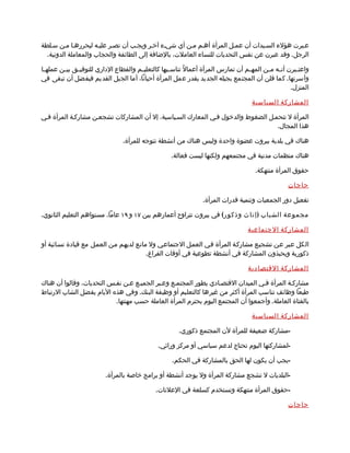 ‫عمبرت هؤلء السميدات أن عممل المرأة أهمم ممن أي شيمء آخمر ويجمب أن تصمر عليمه ليحررهما ممن سملطة‬
  ‫الرجل. وقد عبرن عن نفس التحديات للنساء العاملت، بالضافة إلى الطائفة والحجاب والمعاملة الدونية.‬

‫واعت مبرن أن مه م من المه مم أن تمارس المرأة أعمالً تناس مبها كالتعلي مم والقطاع الداري للتوفي مق بي من عمله ما‬
 ‫م‬       ‫م‬     ‫م‬                        ‫م‬            ‫م‬                              ‫م‬       ‫م م‬          ‫م‬
‫وأسرتها. كما قلن أن المجتمع بجيله الجديد يقدر عمل المرأة أحيانا، أما الجيل القديم فيفضل أن تبقى في‬
                                                                                                       ‫المنزل.‬

                                                                                       ‫المشاركة السياسية‬

‫المرأة ل تتحممل الضغوط والدخول فمي المعارك السمياسية، إل أن المشاركات تشجعمن مشاركمة المرأة فمي‬
                                                                                   ‫هذا المجال.‬

                                 ‫هناك في بلدية بيروت عضوة واحدة وليس هناك من أنشطة تتوجه للمرأة.‬

                                                      ‫هناك منظمات مدنية في مجتمعهم ولكنها ليست فعالة.‬

                                                                                        ‫حقوق المرأة منتهكة.‬

                                                                                                      ‫حاجات‬

                                                                   ‫تفعيل دور الجمعيات وتنمية قدرات المرأة.‬

‫مجموعة الشباب ) إنا ث وذكو ر ( في بيروت تتراوح أعمارهم بين ٧١ و ٩١ عاما، مستواهم التعليم الثانوي.‬

                                                                                     ‫المشاركة الجتماعية‬

‫الكل عمبر عمن تشجيمع مشاركمة المرأة فمي العممل الجتماعمي ول مانمع لديهمم ممن العممل مع قيادة نسمائية أو‬
                                           ‫ذكورية ويحبذون المشاركة في أنشطة تطوعية في أوقات الفراغ.‬

                                                                                     ‫المشاركة القتصادية‬

‫مشاركمة المرأة فمي الميدان القتصمادي يطور المجتممع وعمبر الجميمع عمن نفمس التحديات، وقالوا أن هناك‬
‫طبعا وظائف تناسب المرأة أكثر من غيرها كالتعليم أو وظيفة البنك. وفي هذه اليام يفضل الشاب الرتباط‬
                           ‫بالفتاة العاملة. وأجمعوا أن المجتمع اليوم يحترم المرأة العاملة حسب مهنتها.‬

                                                                                       ‫المشاركة السياسية‬

                                                         ‫-مشاركة ضعيفة للمرأة لن المجتمع ذكوري.‬

                                                ‫-لمشاركتها اليوم تحتاج لدعم سياسي أو مركز وراثي.‬

                                                      ‫-يجب أن يكون لها الحق بالمشاركة في الحكم.‬

                          ‫-البلديات ل تشجع مشاركة المرأة ول يوجد أنشطة أو برامج خاصة بالمرأة.‬

                                               ‫-حقوق المرأة منتهكة وتستخدم كسلعة في العلنات.‬

                                                                                                      ‫حاجات‬
 