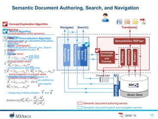 Semantic Document Authoring, Search, and Navigation


     Concept Exploration Algorithm

   Objective:
     Search Algorithm
  - conceptualization of DU semantics
 Objective:
 Input:
      Search Personalization Algorithm
 - search for semantic document units (DUs)
  - document unit:
 Objective:
 - Input: ontology(ies)
    domain
  - personalization of semantic doc. Search
 - Output:
     a free-text keyword query
 Input:
 - Output: vector:
    concept
  - list of retrieved semantic DUs:
  - a ranked list of semantic DUs
  - list of user preferences
  - concept weight vector:
 Features:
 Output:
   - forming semantic query:
  - re-ranked list of semantic DUs
 Features:
 Features:
  - lexical expansion of concept labels
 - - executingSCA for each DUagainst CI:
    extracting semantic query
  - syntactic concept matching
 - weighting schema for each user preference
  - semantic concept matching
 - ranking DUs based on calculated weights
  - measuring concept relevance

    - measuring similarity between   and



                                               Semantic document authoring service
                                               Semantic document search and navigation service


                                                                                SEKE’ 10         10
                                                                                                 10
 