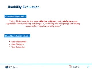 Usability Evaluation

Evaluation Hypothesis :

    “Using SDArch results in a more effective, efficient, and satisfactory user
 experience when authoring, exploring (i.e., searching and navigating) and utilizing
                     documents in carrying out daily tasks.”



Usability evaluation criteria :


      User Effectiveness
      User Efficiency
      User Satisfaction




                                                                           ICALT’ 10   21
                                                                                       21
 
