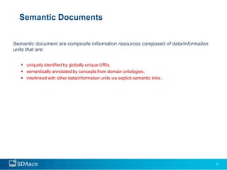 Semantic Documents


Semantic document are composite information resources composed of data/information
units that are:


    uniquely identified by globally unique URIs,
    semantically annotated by concepts from domain ontologies,
    interlinked with other data/information units via explicit semantic links .




                                                                                     3
 