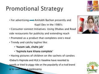 • For advertising       Amitabh Bachan presently and
                        Kapil Dev in the 1980‟s
• Consumer connect Initiatives: Using Dhabas and Road
side restaurants for publicity and extending reach
• Promoted as a product that completes one‟s meal
• Trendy and catchy tagline like:
    • “hazam sab, chahe jab”
    • “hajmola kare khana complete”
• Having pictures of children on the sachets of candies
•Dabur's Hajmola and HUL's Vaseline have resorted to
spoofs or tried to piggy ride on the popularity of a rival brand
or to cash in on a controversy.
                                                                   36
 