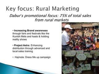 Dabur‟s promotional focus: 75% of total sales
            from rural markets

 • Increasing Brand awareness
 through fairs and festivals like the
 Kumbh Mela and haats & holding
 reality shows

 • Project Astra: Enhancing
 distribution through advanced and
 local sales training

 • Hajmola: Dress Me up campaign
 