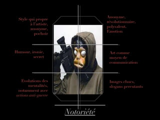 Notoriété Anonyme, révolutionnaire, polyvalent, Emotion Art comme moyen de communication Images chocs, slogans percutants Evolutions des mentalités, notamment avec  actions anti-guerre Humour, ironie, secret Style qui propre à l’artiste, anonyme, pochoir 
