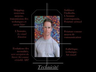 Technicité Sublimer l’individu, L’homme contemporain, Peinture aérosol  Peinture comme moyen de communication Esthétique, technique, Art visuel Evolutions des mentalités, avec acception du Street Art comme véritable ART L’humain, Le visuel Emotion Dripping, nouveaux moyens, transmission des techniques et savoir faire 