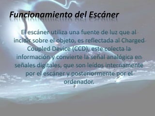 Funcionamiento del Escáner
     El escáner utiliza una fuente de luz que al
 incidir sobre el objeto, es reflectada al Charged
        Coupled Device (CCD), este colecta la
   información y convierte la señal analógica en
  señales digitales, que son leídos internamente
       por el escáner y posteriormente por el
                      ordenador.
 