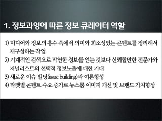 1. 정보과잉에 따른 정보 큐레이터 역할

1) 미디어와 정보의 홍수 속에서 의미와 희소성있는 콘텐트를 정리해서
  재구성하는 작업
2) 기계적인 검색으로 막연한 정보를 얻는 것보다 신뢰할만한 전문가와
  저널리스트의 선택적 정보노출에 대한 기대
3) 새로운 이슈 빌딩(issue building)과 여론형성
4) 타겟별 콘텐트 수요 증가로 뉴스룸 이미지 개선 및 브랜드 가치향상
 