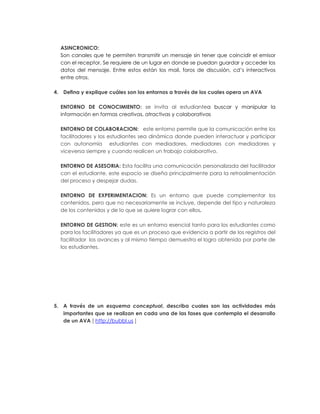ASINCRONICO:
  Son canales que te permiten transmitir un mensaje sin tener que coincidir el emisor
  con el receptor, Se requiere de un lugar en donde se puedan guardar y acceder los
  datos del mensaje. Entre estos están los mail, foros de discusión, cd’s interactivos
  entre otros.

4. Defina y explique cuáles son los entornos a través de los cuales opera un AVA

  ENTORNO DE CONOCIMIENTO: se invita al estudiantea buscar y manipular la
  información en formas creativas, atractivas y colaborativas

  ENTORNO DE COLABORACION: este entorno permite que la comunicación entre los
  facilitadores y los estudiantes sea dinámica donde pueden interactuar y participar
  con autonomía estudiantes con mediadores, mediadores con mediadores y
  viceversa siempre y cuando realicen un trabajo colaborativo.

  ENTORNO DE ASESORIA: Esta facilita una comunicación personalizada del facilitador
  con el estudiante, este espacio se diseña principalmente para la retroalimentación
  del proceso y despejar dudas.

  ENTORNO DE EXPERIMENTACION: Es un entorno que puede complementar los
  contenidos, pero que no necesariamente se incluye, depende del tipo y naturaleza
  de los contenidos y de lo que se quiere lograr con ellos.

  ENTORNO DE GESTION: este es un entorno esencial tanto para los estudiantes como
  para los facilitadores ya que es un proceso que evidencia a partir de los registros del
  facilitador los avances y al mismo tiempo demuestra el logro obtenido por parte de
  los estudiantes.




5. A través de un esquema conceptual, describa cuales son las actividades más
   importantes que se realizan en cada una de las fases que contempla el desarrollo
   de un AVA [ http://bubbl.us ]
 