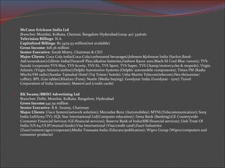 McCann-Erickson India Ltd  Branches:  Mumbai, Kolkata, Chennai, Bangalore Hyderabad:(0091 40) 3326261 Television Billings : N.A. Capitalized Billings : Rs 3479.53 million(not available) Gross Income : 618.36 million  Senior Executive : Sorab Mistry, Chairman & CEO Major Clients : Coca Cola india(Coca-Cola/carbonated bevarages);Johnson &Johnson India (Savlon,Band-Aid/woundcare);Gillette India(Duracell Plus/alkaline batteries,Fashion Razor 2001,Mach III Cool Blue /razors); TVS-Suzuki (corporate/TVS Max, TVS Scooty, TVS XL, TVS Sport, TVS Super, TVS Champ/motorcycles & mopeds); Virgin Atlantic (Virgin Atlantic/airline);Delphi Automotive Systems (Delphi/ automobile components); Times FM (Radio Mirchi/FM radio);Sundar Tajmahal Hotel (Taj Tristar/ hotels); Usha Martin Telecom(telecom);Nes tle(sunrise/ coffee); BPL (Gas tables);Khaitan (Fans); Nestle (Media buying); Goodyear India (Goodyear - tyre); Travel Corporation of India (tourism); MasterCard (credit cards) RK Swamy/BBDO Advertising Ltd  Branches: Delhi, Mumbai, Kolkata, Bangalore, Hyderabad Gross Income :441.59 million  Senior Executive : R.K. Swamy, Chairman Major Clients : Cisco System(network solution); Mercedes Benz (Automobiles); MTNL(Telecommunication); Sony India Ltd(Sony/TV); SQL Star International Ltd(Computer education); Dena Bank (Banking);GE Countrywide Consumer Financial Services (GE/financial services); Reserve Bank of India(RBI/financial services); Unit Trust Of India (US 64/ULIP/mutual funds);Visa International (Visa/credit card);Zuari Industries (Zuari/cement/agro/corporate);Media Transasia India (Educare/publication); Wipro Group (Wipro/computers and consumer products) 