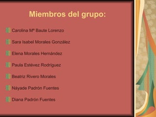 Miembros del grupo:
Carolina Mª Baute Lorenzo

Sara Isabel Morales González

Elena Morales Hernández

Paula Estévez Rodríguez

Beatriz Rivero Morales

Náyade Padrón Fuentes

Diana Padrón Fuentes
 