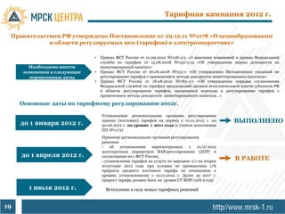 Тарифная кампания 2012 г.

 Правительством РФ утверждено Постановление от 29.12.11 №1178 «О ценообразовании
            в области регулируемых цен (тарифов) в электроэнергетике»

                              •   Приказ ФСТ России от 01.09.2010 №218-э/5 «О внесении изменений в приказ Федеральной
                                  службы по тарифам от 15.08.2008 №152-э/15 «Об утверждении нормы доходности на
        Необходимо внести         инвестированный капитал»
      изменения в следующие   •   Приказ ФСТ России от 26.06.2008 №231-э «Об утверждении Методических указаний по
        нормативные акты          регулированию тарифов с применением метода доходности инвестированного капитала»
                              •   Приказ ФСТ России от 18.08.2010 №183-э/1 «Об утверждении порядка согласования
                                  Федеральной службой по тарифам предложений органов исполнительной власти субъектов РФ
                                  в области регулирования тарифов, касающихся перехода к регулированию тарифов с
                                  применением метода доходности инвестированного капитала…»

     Основные даты по тарифному регулированию 2012г.

                                  Установление региональными органами регулирования

     до 1 января 2012 г.
                                  единых (котловых) тарифов на период с 01.01.2012 г. по         ВЫПОЛНЕНО
                                  30.06.2012 г. на уровне ≤ 2011 года (с учетом исполнения
                                  ПП №1172)
                                  Принятие региональными органами регулирования
                                  решения:
                                  -    об   установлении   пересмотренных     с   01.07.2012
                                  долгосрочных параметров RAB-регулирования (ДПР) и
     до 1 апреля 2012 г.          согласовании их с ФСТ России;
                                  - установлении тарифов на услуги по передаче э/э на второе
                                                                                                 В РАБОТЕ
                                  полугодие 2012 года при условии не превышения 11%
                                  прироста среднего котлового тарифа по отношению к
                                  уровню, установленному с 01.01.2012 г. Далее до 2017 г.
                                  прирост тарифа должен быть на уровне СУ МЭР (10% в год)

        1 июля 2012 г.              Вступление в силу новых тарифных решений


19
 