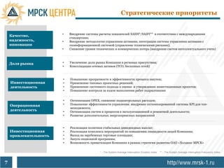 Стратегические приоритеты


                        •   Внедрение системы расчеты показателей SAIDI*/SAIFI** в соответствии с международными
    Качество,
                            стандартами;
    надежность,         •   Внедрение методологии управления активами, интеграция системы управления активами с
    инновации               геоинформационной системой (управление техническими рисками);
                        •   Снижение уровня технических и коммерческих потерь (внедрение систем интеллектуального учета)



    Доля рынка          •   Увеличение доли рынка Компании в регионах присутствия;
                        •   Консолидация сетевых активов (ТСО, бесхозных сетей)



                        •   Повышение прозрачности и эффективности процесса закупок;
    Инвестиционная      •   Применение типовых проектных решений;
    деятельность        •   Применение системного подхода к оценке и утверждению инвестиционных проектов;
                        •   Повышение контроля за ходом выполнения работ подрядчиками


                        •   Оптимизация OPEX, снижение подконтрольных расходов;
    Операционная        •   Повышение эффективности управления: внедрение оптимизированной системы KPI для топ-
                            менеджмента;
    деятельность        •   Оптимизация систем и процессов в эксплуатационной и ремонтной деятельности;
                        •   Развитие дополнительных энергосервисных направлений


                        •   Реализация политики стабильных дивидендных выплат;
    Инвестиционная      •   Реализация комплекса мероприятий по повышению ликвидности акций Компании;
    привлекательность   •   Выход на зарубежных торговые площадки;
                        •   Запуск опционной программы;
                        •   Возможность приватизации Компании в рамках стратегии развития ОАО «Холдинг МРСК»


                                               * - The System Average Interruption Duration Index   ** - The System Average Interruption Frequency Index



7
 