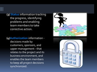 (3) Status information tracking
    the progress, identifying
    problems and enabling
   team members to take
   corrective action.

(4)Authorization information -
   decisions made by
   customers, sponsors, and
   upper management - that
   relates to the project and its
   business environment, and
   enables the team members
   to keep all project decisions
   synchronized.
 