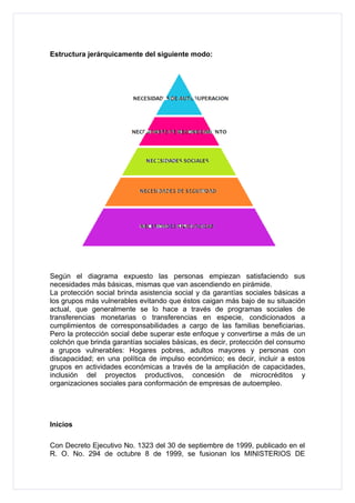 Estructura jerárquicamente del siguiente modo:




Según el diagrama expuesto las personas empiezan satisfaciendo sus
necesidades más básicas, mismas que van ascendiendo en pirámide.
La protección social brinda asistencia social y da garantías sociales básicas a
los grupos más vulnerables evitando que éstos caigan más bajo de su situación
actual, que generalmente se lo hace a través de programas sociales de
transferencias monetarias o transferencias en especie, condicionados a
cumplimientos de corresponsabilidades a cargo de las familias beneficiarias.
Pero la protección social debe superar este enfoque y convertirse a más de un
colchón que brinda garantías sociales básicas, es decir, protección del consumo
a grupos vulnerables: Hogares pobres, adultos mayores y personas con
discapacidad; en una política de impulso económico; es decir, incluir a estos
grupos en actividades económicas a través de la ampliación de capacidades,
inclusión del proyectos productivos, concesión de microcréditos y
organizaciones sociales para conformación de empresas de autoempleo.




Inicios

Con Decreto Ejecutivo No. 1323 del 30 de septiembre de 1999, publicado en el
R. O. No. 294 de octubre 8 de 1999, se fusionan los MINISTERIOS DE
 