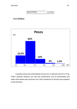 Fast food                                                                       18



                       Desvio Padrão               12,616907



   5.3.3. Gráfico




       A grande maioria dos entrevistados encontra-se no intervalo entre 54 e 73 kg.
Porém, pudemos observar, por meio dos questionários, que os entrevistados que
estão acima desse peso procuram com maior frequência os serviços das empresas
do tipo fast food.
 