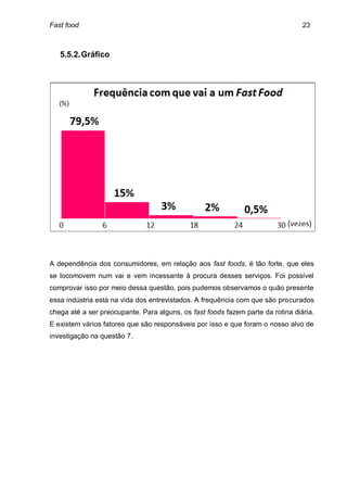 Fast food                                                                        23



   5.5.2. Gráfico




A dependência dos consumidores, em relação aos fast foods, é tão forte, que eles
se locomovem num vai e vem incessante à procura desses serviços. Foi possível
comprovar isso por meio dessa questão, pois pudemos observamos o quão presente
essa indústria está na vida dos entrevistados. A frequência com que são procurados
chega até a ser preocupante. Para alguns, os fast foods fazem parte da rotina diária.
E existem vários fatores que são responsáveis por isso e que foram o nosso alvo de
investigação na questão 7.
 