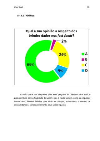 Fast food                                                                      39



   5.13.2. Gráfico




      A maior parte das respostas para essa pergunta foi “Servem para atrair o
público infantil com a finalidade de lucrar”, pois é muito comum, entre as empresas
desse ramo, fornecer brindes para atrair as crianças, aumentando o número de
consumidores e, consequentemente, seus lucros líquidos.
 
