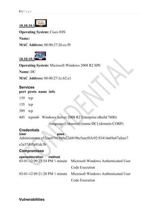 5|Page



10.10.10.1
Operating System: Cisco IOS
Name:
MAC Address: 08:00:27:26:cc:f9


10.10.10.3
Operating System: Microsoft Windows 2008 R2 SP0
Name: DC
MAC Address: 08:00:27:1c:62:e1

Services
port proto name info
139 tcp
135 tcp
389 tcp
445 tcpsmb Windows Server 2008 R2 Enterprise (Build 7600)
                  (language:Unknown) (name:DC) (domain:CORP)
Credentials
User                   pass
Administrator e52cac67419a9a22d419bc5eacf63c92:83414a69a47afeec7
e3a37d05a81dc3b
Compromises
openedduration    method
03-01-12 09:23:54 PM 1 minute Microsoft Windows Authenticated User
                                 Code Execution
03-01-12 09:21:28 PM 1 minute Microsoft Windows Authenticated User
                                 Code Execution




Vulnerabilities
 
