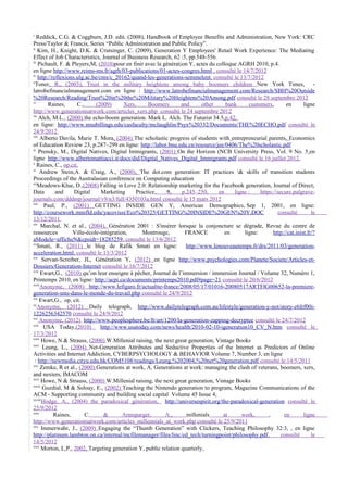 i
   Reddick, C.G. & Coggburn, J.D. edit. (2008), Handbook of Employee Benefits and Administration, New York: CRC
Press/Taylor & Francis, Series “Public Administration and Public Policy”.
ii
    Kim, H., Knight, D.K. & Crutsinger, C. (2009), Generation Y Employees' Retail Work Experience: The Mediating
Effect of Job Characteristics, Journal of Business Research, 62 :5, pp.548-556.
iii
    Pichault, F. & Pleyers,M, (2010)pour en finir avec la génération Y, actes du colloque AGRH 2010, p.4.
en ligne http://www.reims-ms.fr/agrh/03-publications/01-actes-congres.html , consulté le 14/7/2012
iv
    http://reflexions.ulg.ac.be/cms/c_20162/quand-les-generations-semmelent, consulté le 13/7/2012
v
  Toner, R., (2003), Trust in the military heightens among baby boomers children New York Times, -
latrobefinancialmanagement.com en ligne : http://www.latrobefinancialmanagement.com/Research/SBH%20Outside
%20Research/Reading/Trust%20in%20the%20Military%20Heightens%20Among.pdf consulté le 28 septembre 2012
vi
         Raines,      C.,      (2009)     Xers,     Boomers       and      other     bank     customers,       en       ligne
http://www.generationsatwork.com/articles_xers.php consulté le 24 septembre 2012
vii
     Alch, M.L., (2000) the echo-boom generation. Mark L. Alch. The Futurist 34.5,p.42,
en ligne: http://www.msubillings.edu/casfaculty/mclaughlin/Psyx%20332/Documents/THE%20ECHO.pdf consulté le
24/9/2012
viii
      Alberto Davila, Marie T. Mora, (2004) The scholastic progress of students with entrepreneurial parents, Economics
of Education Review 23, p.287–299 en ligne: http://labor.bnu.edu.cn/resource/jee/0406/The%20scholastic.pdf
ix
     Prensky, M., Digital Natives, Digital Immigrants, (2001) On the Horizon (NCB University Press, Vol. 9 No. 5.en
ligne http://www.albertomattiacci.it/docs/did/Digital_Natives_Digital_Immigrants.pdf consulté le 16 juillet 2012.
x
    Raines, C., op.cit.
xi
     Andrew Stein,A. & Craig, A., (2000), The dot.com generation: IT practices & skills of transition students
Proceedings of the Australasian conference on Computing education
xii
    Meadows-Klue, D.,(2008) Falling in Love 2.0: Relationship marketing for the Facebook generation, Journal of Direct,
Data         and     Digital     Marketing     Practice,   9,     p.245–250,      en    ligne :    https://secure.palgrave-
journals.com/dddmp/journal/v9/n3/full/4350103a.html consulté le 15 mars 2012
xiii
        Paul, P., (2001) GETTING INSIDE GEN Y, American Demographics, Sep 1, 2001, en ligne:
http://coursework.mnsfld.edu/yacovissi/Eco%20325/GETTING%20INSIDE%20GEN%20Y.DOC                             consulté        le
13/12/2011
xiv
      Marchal, N. et al., (2004), Génération 2001 : S'insérer lorsque la conjoncture se dégrade, Revue du centre de
ressources          Ville-école-intégration,      Montrouge,       FRANCE            en     ligne:       http://cat.inist.fr/?
aModele=afficheN&cpsidt=18285259, consulté le 13/6/2012
xv
    Smati, R., (2011) le blog de Rafik Smati en ligne: http://www.lenouveautemps.fr/drs/2011/03/generation-
acceleration.html, consulté le 13/3/2012
xvi
       Servan-Screiber, JL, Génération Y, (2012) en ligne http://www.psychologies.com/Planete/Societe/Articles-et-
Dossiers/Generation-Internet consulté le 16/7/2012
xvii
      Ewart,G., (2010) qu’on leur enseigne à pêcher, Journal de l’immersion / immersion Journal / Volume 32, Numéro 1,
Printemps 2010, en ligne: http://acpi.ca/documents/printemps2010.pdf#page=21 consulté le 20/6/2012
xviii
      Anonyme, (2008) http://www.lefigaro.fr/actualite-france/2008/05/17/01016-20080517ARTFIG00652-la-premiere-
generation-sms-dans-le-monde-du-travail.php consulté le 24/9/2012
xix
     Ewart,G., op. cit.
xx
    Anonyme, (2012) Daily telegraph, http://www.dailytelegraph.com.au/lifestyle/generation-y-not/story-e6frf00i-
1226256342570 consulté le 24/9/2012
xxi
     Anonyme, (2012) http://www.peoplesphere.be/fr/art/1200/la-generation-zapping-decryptee consulté le 24/7/2012
xxii
        USA Today,(2010)         http://www.usatoday.com/news/health/2010-02-10-igeneration10_CV_N.htm consulté le
17/3/2012
xxiii
      Howe, N & Strauss, (2000) W.Millenial raising, the next great generation, Vintage Books
xxiv
       Leung, L., (2004) Net-Generation Attributes and Seductive Properties of the Internet as Predictors of Online
Activities and Internet Addiction, CYBERPSYCHOLOGY & BEHAVIOR Volume 7, Number 3, en ligne
  : http://newmedia.cityu.edu.hk/COM5108/readings/Leung,%202004,%20net%20generation.pdf consulté le 14/5/2011
xxv
      Zemke, R et al., (2000) Generations at work, A, Generations at work: managing the clash of veterans, boomers, xers,
and nexters, IMACOM
xxvi
      Howe, N & Strauss, (2000) W.Millenial raising, the next great generation, Vintage Books
xxvii
       Guzdial, M & Soloay, E., (2002) Teaching the Nintendo generation to program, Magazine Communications of the
ACM - Supporting community and building social capital Volume 45 Issue 4,
xxviii
       Hodge, A., (2004) the paradoxical génération, http://universespirit.org/the-paradoxical-generation consulté le
25/9/2012
xxix
            Raines,       C.      &       Armsparger,      A.,      millenials      at     work,       ,      en        ligne
http://www.generationsatwork.com/articles_millennials_at_work.php consulté le 25/9/2011
xxx
      Immerwahr, J., (2009) Engaging the “Thumb Generation” with Clickers, Teaching Philosophy 32:3, , en ligne
http://platinum.lambton.on.ca/internal/mcfilemanager/files/linc/ed_tech/turningpoint/philosophy.pdf,         consulté       le
14/5/2012
xxxi
      Morton, L.P., 2002, Targeting generation Y, public relation quarterly.
 