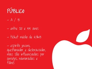 PÚBLICO
- A / B

- entre 20 e 55 anos

- tícket médio de R$43

- espírito jovem,
questionador e desbravador,
mas são influenciadas por
amigos, namoradas e
filhos
 