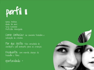 Nome: Andréa
Idade: 38 anos
Sexo: Feminino
Profissão: Advogada

Como conheceu:         No caminho trabalho e
indicação de vizinha

Por que gosta:        Pela variedade do
cardápio e pelo ambiente para as crianças

Frequenta:       Com marido, colegas de
trabalho e filhos

Oportunidade:      ?
 