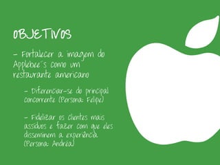 OBJETIVOS
- Fortalecer a imagem do
Applebee´s como um
restaurante americano
  - Diferenciar-se do principal
  concorrente (Persona: Felipe)

  - Fidelizar os clientes mais
  assíduos e fazer com que eles
  disseminem a experiência
  (Persona: Andréa)
 