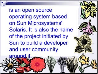 is an open source operating system based on Sun Microsystems' Solaris. It is also the name of the project initiated by Sun to build a developer and user community around it. 