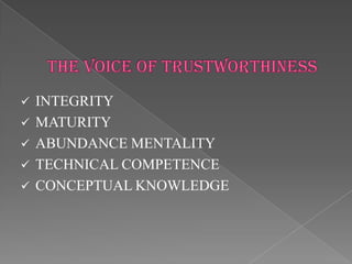    INTEGRITY
   MATURITY
   ABUNDANCE MENTALITY
   TECHNICAL COMPETENCE
   CONCEPTUAL KNOWLEDGE
 