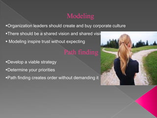Modeling
Organization leaders should create and buy corporate culture
There should be a shared vision and shared vision and goal
 Modeling inspire trust without expecting

                              Path finding
Develop a viable strategy
Determine your priorities
Path finding creates order without demanding it
 
