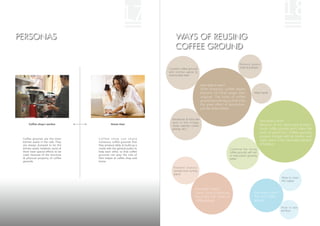17                                                                                                          18
PERSONAS                                                                   WAYS OF REUSING
                                                                           COFFEE GROUND

                                                                                                                              Remove greasy
                                                                       Combine coffee grounds                                 smell of pot/pan.
                                                                       with kitchen waste to
                                                                       remove bad smell.


                                                                                                  How does it work?
                                                                                                  Af ter brewing, coffee beans
                                                                                                  become 10 times larger than              Wash hands
                                                                                                  original. The holes of coffee
                                                                                                  ground become big so that it has
                                                                                                  the great effect of adsorption,
                                                                                                  just like active carbon.


                                                                         Deodorize & Exsiccate
                                                                         (put in the fridge,
                                                                                                                                                 How does it work?
     Coffee shop's worker                    Home User                                                                                           Because of the destroyed protein,
                                                                         shoes cabinet, closet,
                                                                         ashtray...etc.)                                                         musty coffee ground won't make the
                                                                                                                                                 roots of plant hurt. Coffee grounds
                                                                                                                                                 produce nitrogen with air, carbon, and
 Coffee grounds are the most       Coffee shop can share
                                                                                                                                                 water, which is the important element
 kitchen waste in the cafe. They   numerous coffee grounds that
 are always dumped to be the       they produce daily, to build up a                                                                             of fertilizer.
 kitchen waste. However, some of   mode with the general public to                                                    Combine the musty
 them have special effects to be   help each other, so that coffee                                                    coffee grounds with soil
 used, because of the structure    grounds can play the role of                                                       to help plants growing
 & physical property of coffee     life's helper at coffee shop and                                                   better.
 grounds.                          home.

                                                                          Prevent insects/
                                                                          animals from hurting
                                                                          plants.
                                                                                                                                                                 Wipe to clean
                                                                                                                                                                 the copper.


                                                                                           How does it work?
                                                                                           Some insects/animals                            How does it work?
                                                                                           don't like the smell of                         The oil of coffee
                                                                                           coffee ground.                                  ground.

                                                                                                                                                                Wipe to wax
                                                                                                                                                                the floor.
 