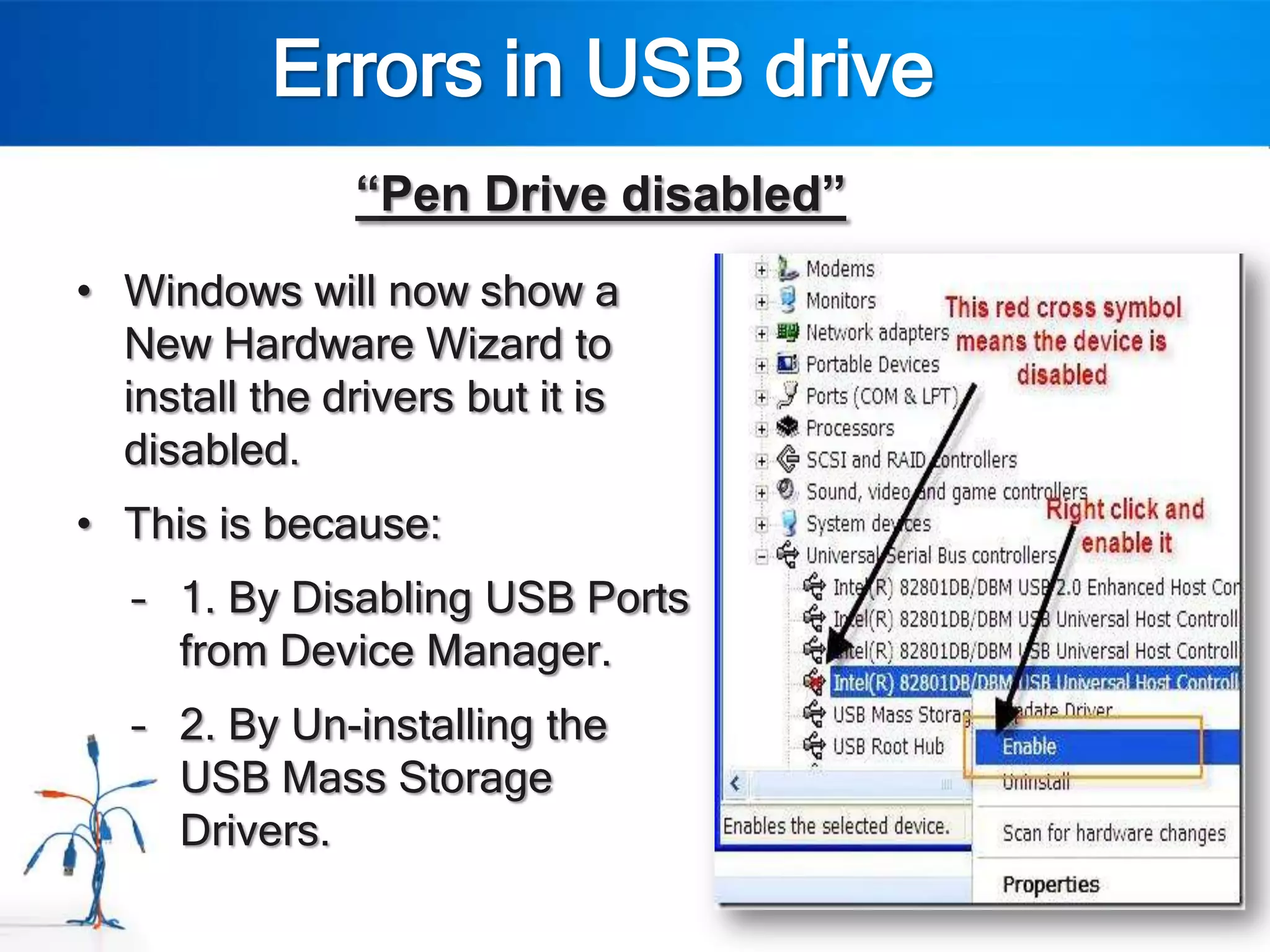 Errors in USB drive
               “Pen Drive disabled”
• Windows will now show a
  New Hardware Wizard to
  install the drivers but it is
  disabled.
• This is because:
   – 1. By Disabling USB Ports
     from Device Manager.
   – 2. By Un-installing the
     USB Mass Storage
     Drivers.
 