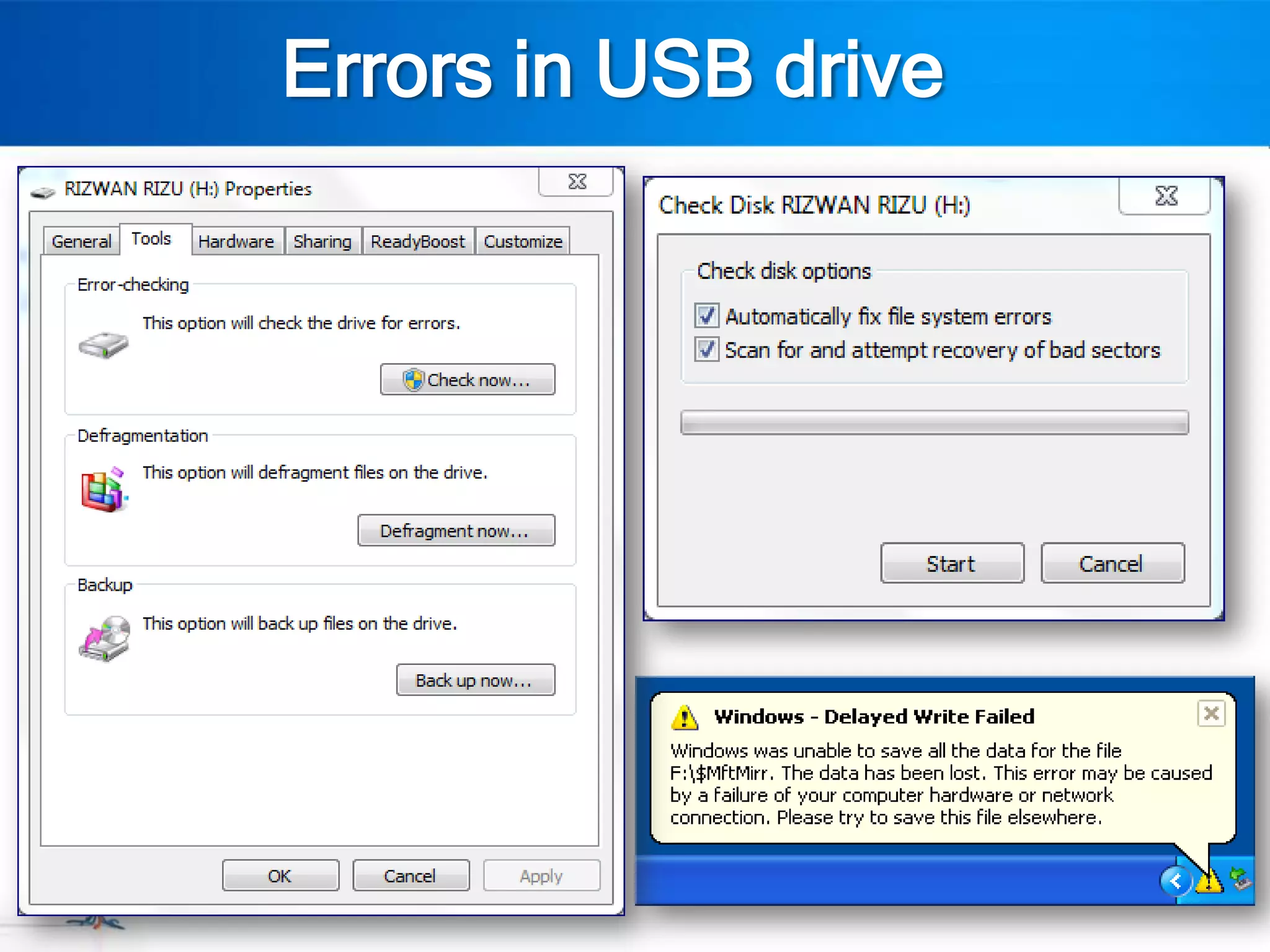 Errors in USB drive
 