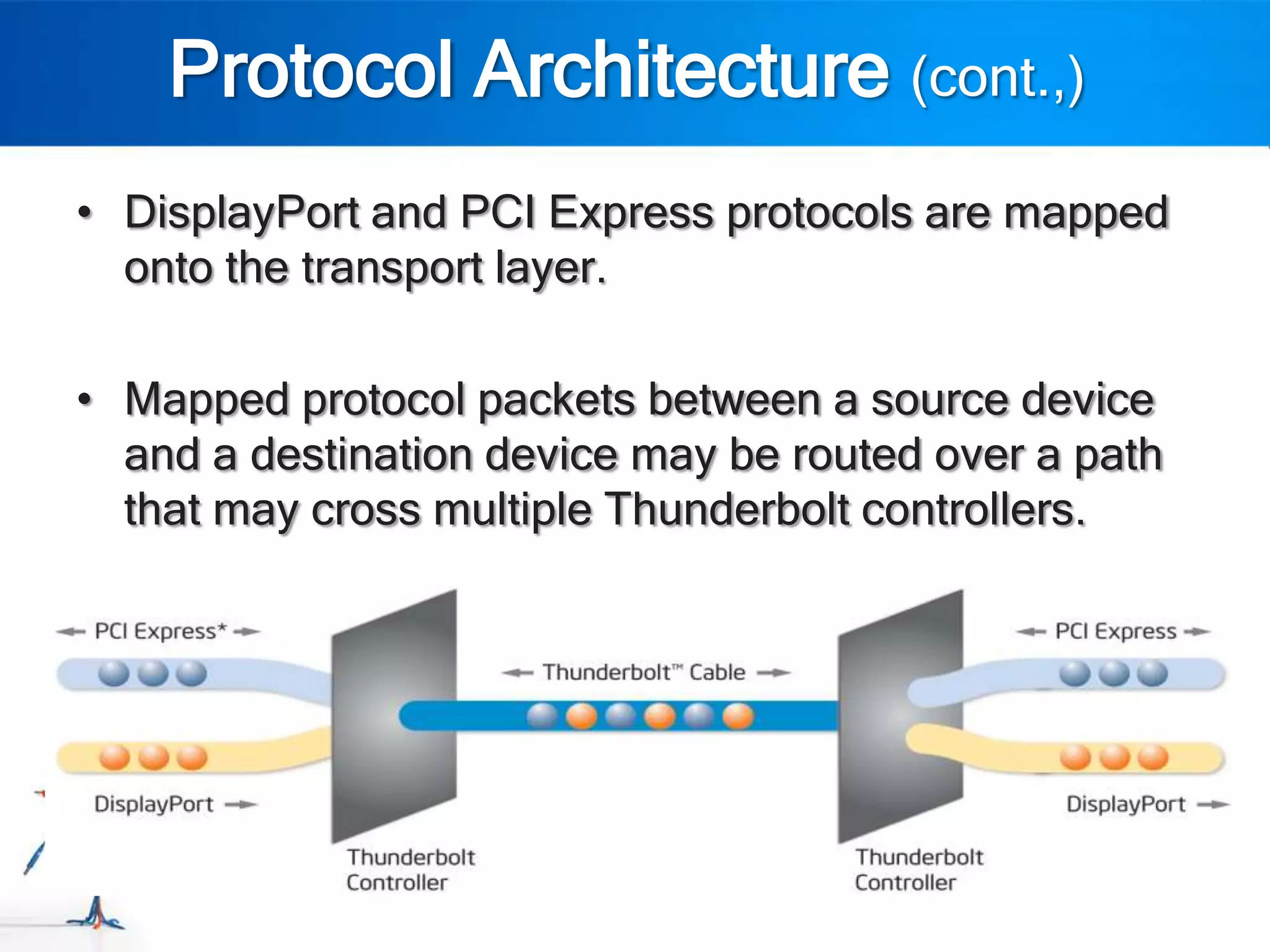 Protocol Architecture (cont.,)
• DisplayPort and PCI Express protocols are mapped
  onto the transport layer.

• Mapped protocol packets between a source device
  and a destination device may be routed over a path
  that may cross multiple Thunderbolt controllers.
 