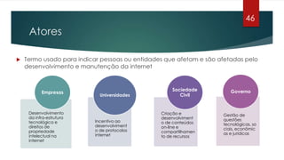 46
     Atores

   Termo usado para indicar pessoas ou entidades que afetam e são afetadas pelo
    desenvolvimento e manutenção da internet


                                                    Sociedade          Governo
           Empresas
                             Universidades             Civil


     Desenvolvimento                            Criação e           Gestão de
     da infra-estrutura                         desenvolviment      questões
     tecnológica e         Incentivo ao         o de conteúdos
                           desenvolviment                           tecnológicas, so
     direitos de                                on-line e           ciais, econômic
     propriedade           o de protocolos      compartilhamen
                           internet                                 as e jurídicas
     intelectual na                             to de recursos
     internet
 