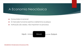 A Economia Neoclássica


            Consumidor é racional
            O mercado funciona sozinho e determina os preços
            Instituição são dadas, não importam no processo




                                     Inputs           FIRMAS    Outputs




WILLIAMSON,O.E. The Mechanisms of Governance (1996)
 