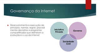 Governança da Internet


   Desenvolvimento e execução de
    princípios, normas, regras, procedi
    mentos decisórios e programas         Iniciativa
                                                           Governo
    compartilhados que delineiam a         Privada
    evolução e o uso da Internet


                                                   Sociedade
                                                      Civil
 