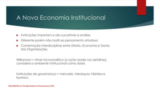 A Nova Economia Institucional

            Instituições importam e são suscetíveis a análise
            Diferente porém não hostil ao pensamento ortodoxo
            Combinação interdisciplinar entre Direito, Economia e Teoria
             das Organizações


        Williamson > Nível microanalítico (a ação reside nos detalhes),
        considera o ambiente institucional como dado


        Instituições de governança > mercado, hierarquia, híbridos e
        bureaus.

WILLIAMSON,O.E. The Mechanisms of Governance (1996)
 