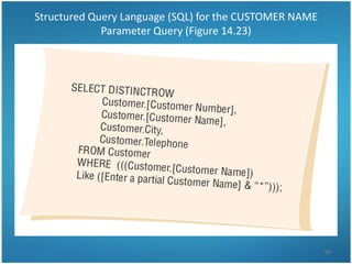 Structured Query Language (SQL) for the CUSTOMER NAME
             Parameter Query (Figure 14.23)




                                                        60
 