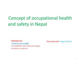 Concept of occupational health
and safety in Nepal


 PREPARED BY:                         Presented with: Sagun PAudel
  Samjhana Gurung(B)
  LA GRANDEE International college,
 simalchour pokhara




                                                                     1
 