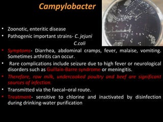 Campylobacter

• Zoonotic, enteritic disease
• Pathogenic important strains- C. jejuni
                                 C.coli
• Symptoms- Diarrhea, abdominal cramps, fever, malaise, vomiting.
  Sometimes arthritis can occur.
• Rare complications include seizure due to high fever or neurological
  disorders such as Guillain-Barre syndrome or meningitis.
• Therefore, raw milk, undercooked poultry and beef are significant
  sources of infection.
• Transmitted via the faecal–oral route.
• Treatment- sensitive to chlorine and inactivated by disinfection
  during drinking-water purification
 