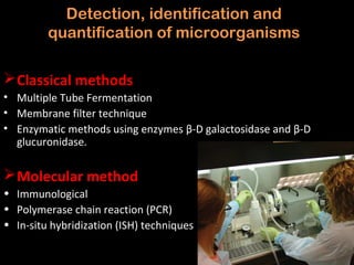 Detection, identification and
         quantification of microorganisms

 Classical methods
• Multiple Tube Fermentation
• Membrane filter technique
• Enzymatic methods using enzymes β-D galactosidase and β-D
  glucuronidase.

 Molecular method
• Immunological
• Polymerase chain reaction (PCR)
• In-situ hybridization (ISH) techniques
 