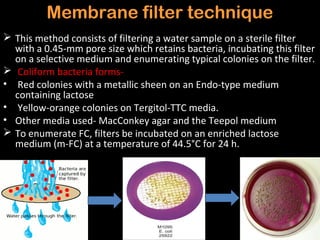Membrane filter technique
 This method consists of filtering a water sample on a sterile filter
  with a 0.45-mm pore size which retains bacteria, incubating this filter
  on a selective medium and enumerating typical colonies on the filter.
 Coliform bacteria forms-
• Red colonies with a metallic sheen on an Endo-type medium
  containing lactose
• Yellow-orange colonies on Tergitol-TTC media.
• Other media used- MacConkey agar and the Teepol medium
 To enumerate FC, filters be incubated on an enriched lactose
  medium (m-FC) at a temperature of 44.5°C for 24 h.
 