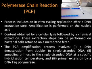 Polymerase Chain Reaction
         (PCR)
• Process includes an in vitro cycling replication after a DNA
  extraction step. Amplification is performed on the nucleic
  acid
• Content obtained by a cellular lysis followed by a chemical
  extraction. These extraction steps can be performed on
  bacterial cells retained on a membrane filter.
• The PCR amplification process involves: (i) a DNA
  denaturation from double- to single-stranded DNA, (ii)
  annealing primers to the single-stranded DNA at a specific
  hybridization temperature, and (iii) primer extension by a
  DNA Taq polymerase.
 
