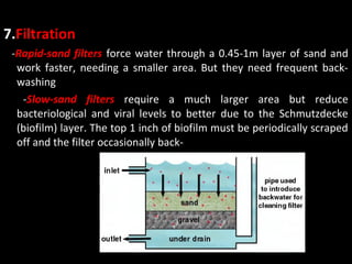 7.Filtration
 -Rapid-sand filters force water through a 0.45-1m layer of sand and
  work faster, needing a smaller area. But they need frequent back-
  washing
   -Slow-sand filters require a much larger area but reduce
  bacteriological and viral levels to better due to the Schmutzdecke
  (biofilm) layer. The top 1 inch of biofilm must be periodically scraped
  off and the filter occasionally back-
 