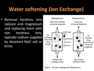 Water softening (Ion Exchange)
• Removal hardness ions
  calcium and magnesium
  and replacing them with
  non      hardness   ions,
  typically sodium supplied
  by dissolved NaCl salt or
  brine.
 