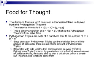 Food for Thought
 The distance formula for 2 points on a Cartesian Plane is derived
from the Pythagorean Theorem
 The distance formula is d = √[(x2 – x1)2
+ (y2 – y1)2
]
 This is simply a variation on c = √(a2
+ b2
), which is the Pythagorean
Theorem if you solve for c2
 Pythagorean Triples are sets of 3 numbers that fit the criteria of a2
+
b2
= c2
 Since any set of Pythagorean Triples can be multiplied by an infinite
amount of constants, there are an infinite amount of Pythagorean
Triples
 If triangles with side lengths that corresponded to every Primitive
Pythagorean Triple (reduced by greatest common factor) were drawn on
a Cartesian Plane, we would end up with a unit circle, which is where
our Trigonometric functions come from
 