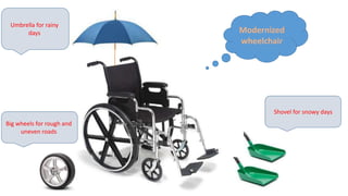 Big wheels for rough and
uneven roads
Umbrella for rainy
days
Shovel for snowy days
Modernized
wheelchair
 