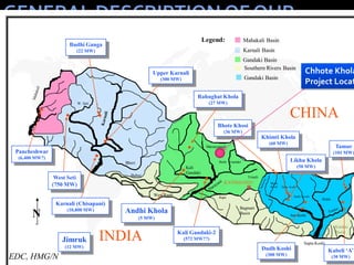 Development region:Western
Zone: Gandaki
District: Gorkha
District headquarter: Gorkha
VDCs: Manbu
Longitude: 84° 53’ 00” to 84° 54’ 03” East
Latitude: 28° 10’ 08” to 28° 10’ 41” North
Type of scheme: Run of river (RoR)
Source river: Chhote Khola
General
EDC, HMG/N
W. Seti
Bheri
Kali
Gandaki
Trisuli
Marsayangdi
Burhi Gandaki
Arun
Sun Koshi
Dudh Koshi
Tama Koshi
Bagmati
Basin
Kankai
Basin
West Rapti
Babai
Sapta Koshi
Bhote
Koshi
Rapti
N
Upper Karnali
(300 MW)
Budhi Ganga
(22 MW)
Likhu Khola
(50 MW)
Tamur
(101 MW)
*
KATHMANDU
Rahughat Khola
(27 MW)
Kabeli ‘A’
(30 MW)
Dudh Koshi
(300 MW)
CHINA
INDIA
Andhi Khola
(5 MW)
Karnali (Chisapani)
(10,800 MW)
Bhote Khosi
(36 MW)
Kali Gandaki-2
(572 MW??)
West Seti
(750 MW)
Pancheshwar
(6,400 MW?)
Khimti Khola
(60 MW)
Jimruk
(12 MW)
Mahakali BasinLegend:
Karnali Basin
Gandaki Basin
Southern Rivers Basin
Gandaki Basin
Chhote Khola
Project Locat
 